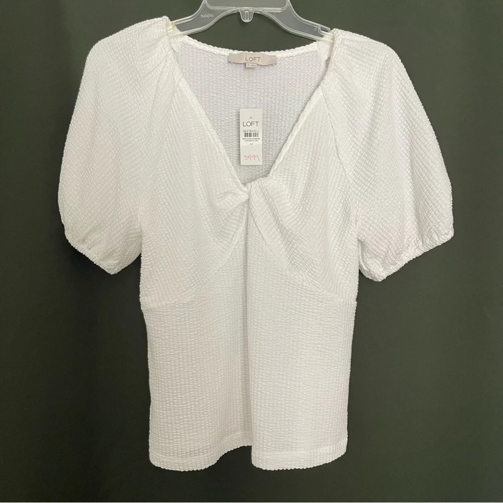 NWT LOFT M White Textured V Neck Blouse Dainty Boho Prairie Cottagecore Romantic